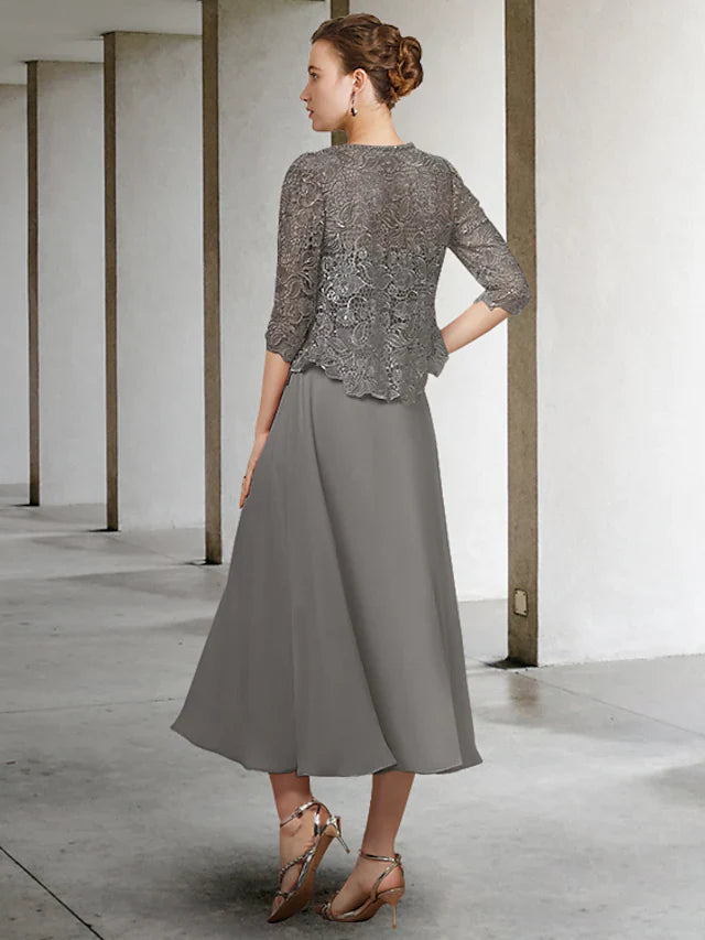 Wholesale Two Piece A-Line Mother of the Bride Dress Elegant Scoop Neck Floor Length Chiffon Lace Half Sleeve with Pleats Appliques
